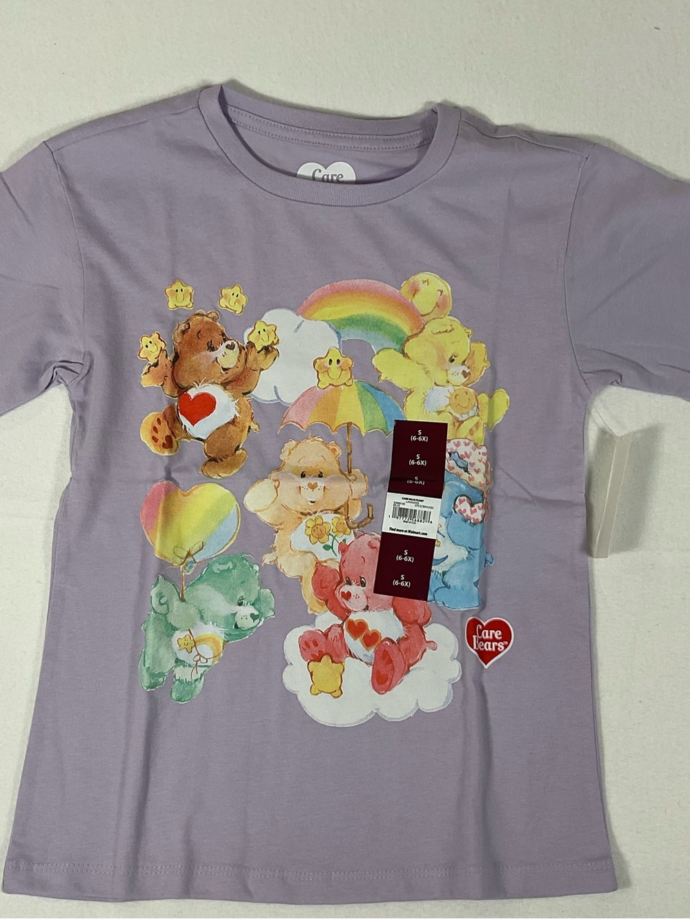 Girls Care Bears Lavender Short Sleeve Tee with Rainbow Character Print. Size XS